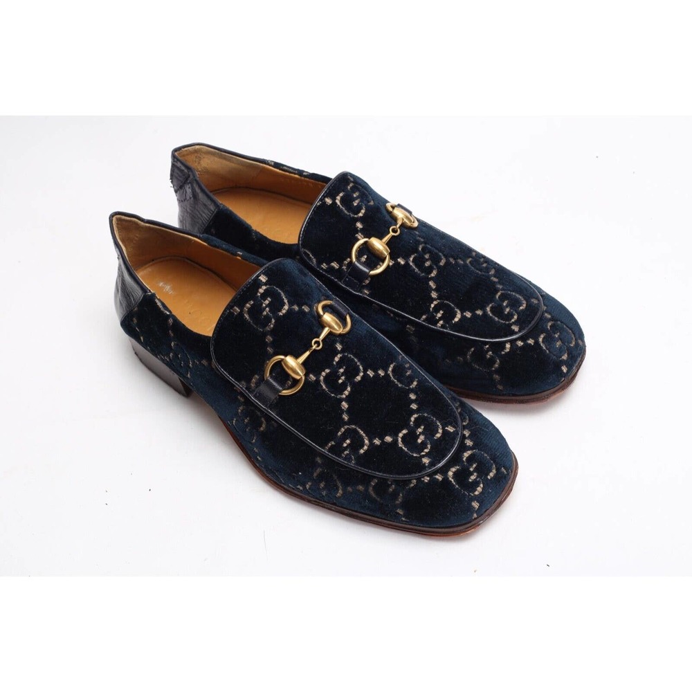 GUCCI Navy Velvet Monogram Horsebit Square Toe Jordaan Loafers Size 8